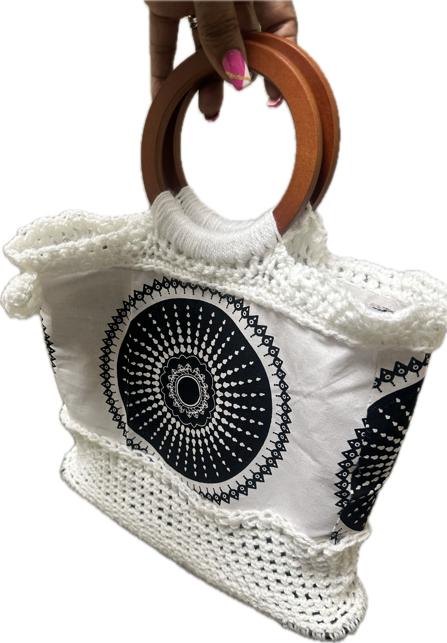 Black on white wood handle purse