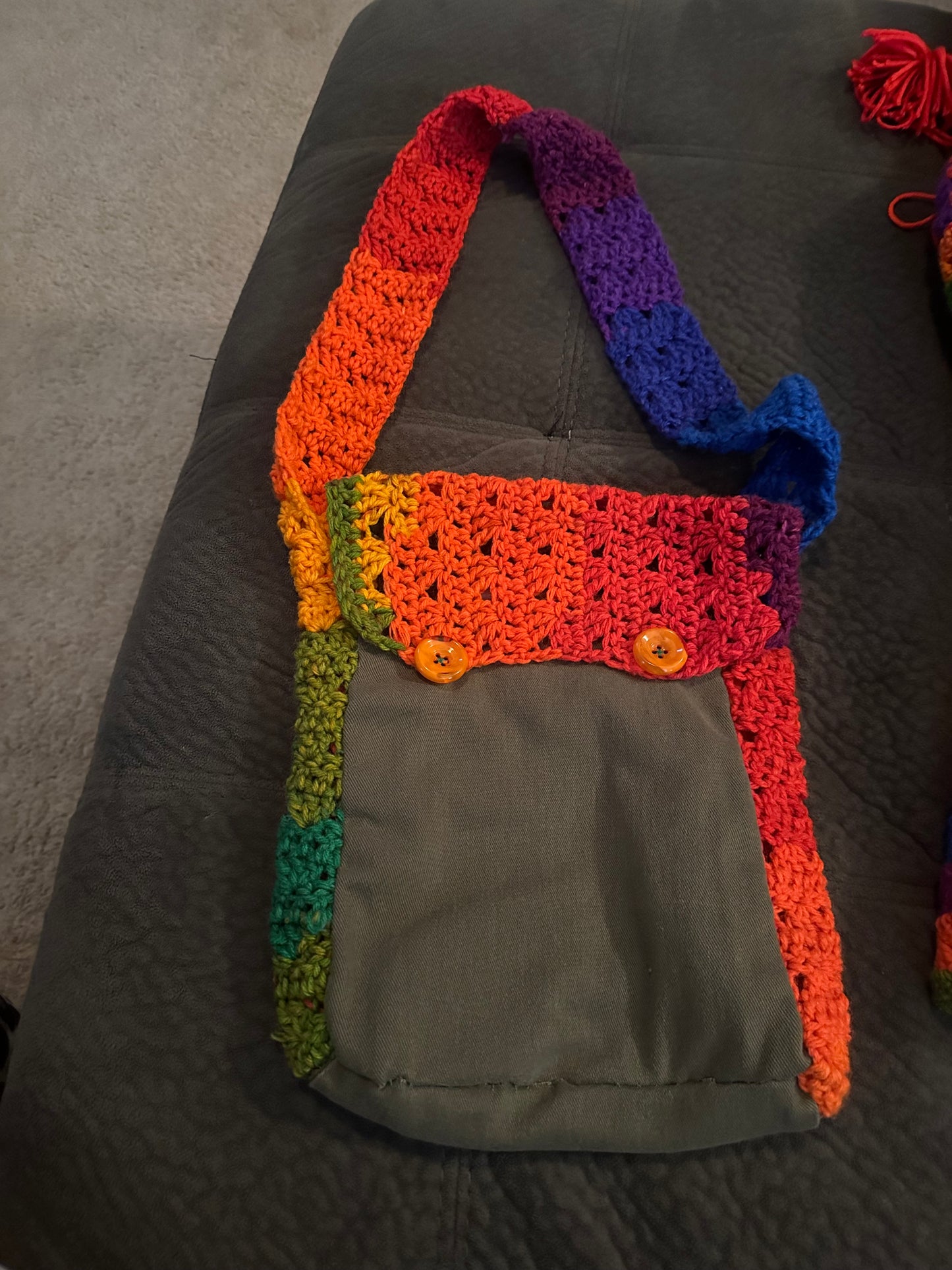 Messenger style denim/crochet bag