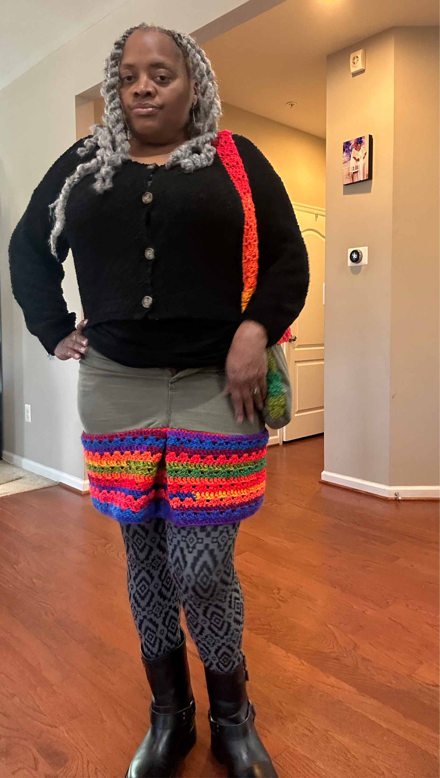 Stretched distressed denim & crochet skirt