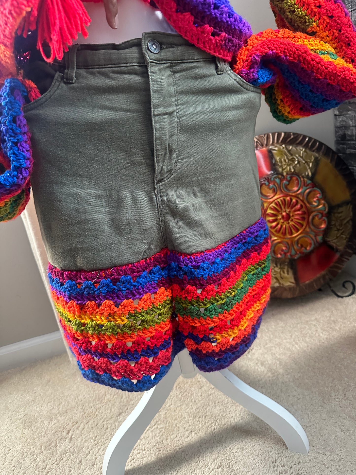 Stretched distressed denim & crochet skirt