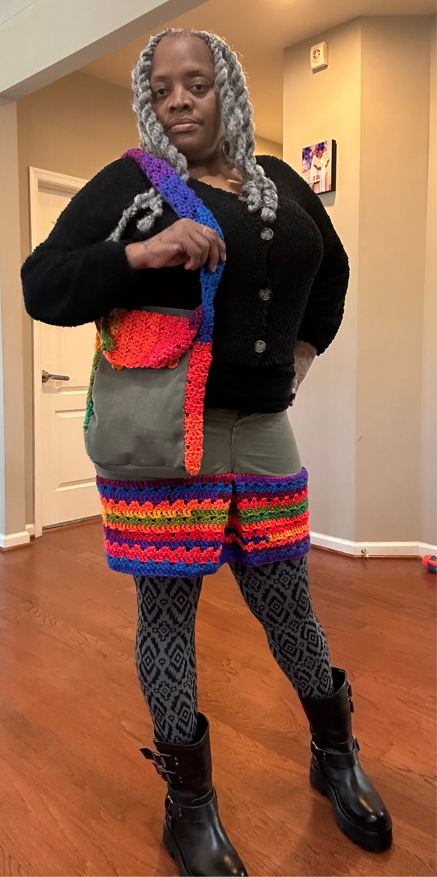 Stretched distressed denim & crochet skirt