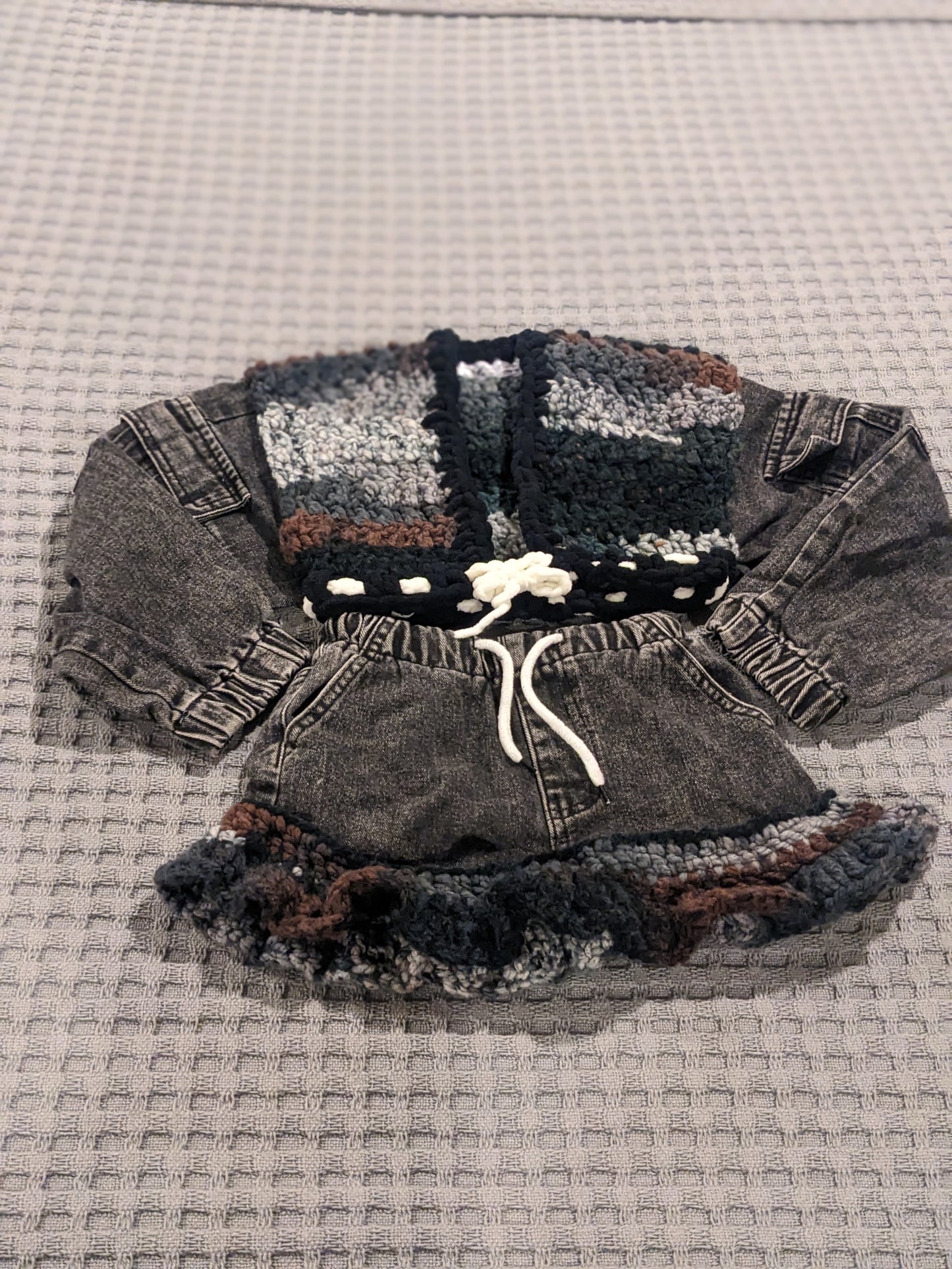 Repurposed Denim Crochet Jacket and Skirt Set