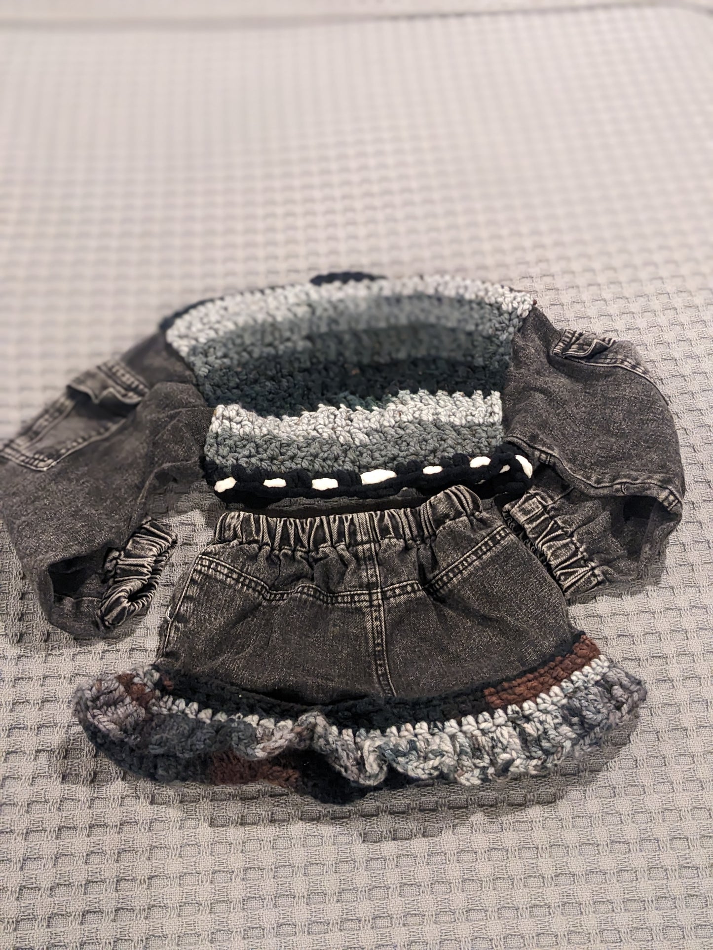 Repurposed Denim Crochet Jacket and Skirt Set